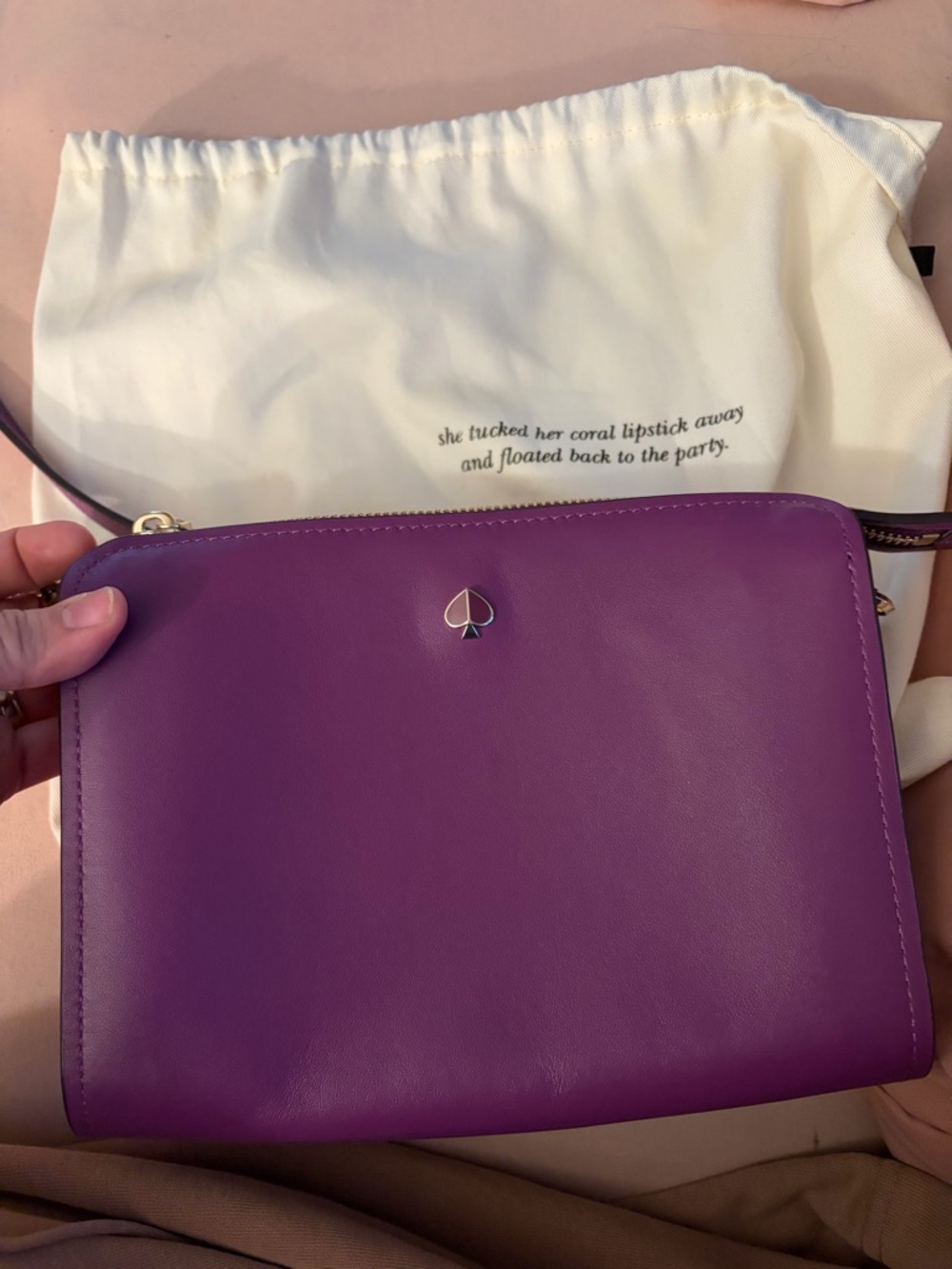 kate spade purple leather crossbody clutch with gold-tone spade
